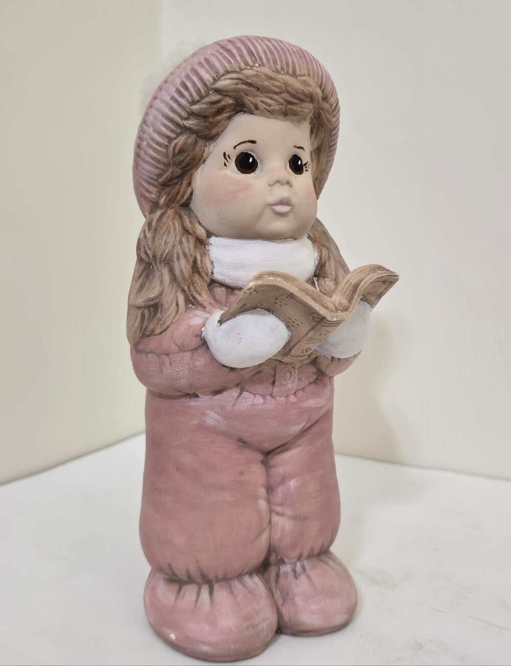 vintage 9" Christmas Caroler Girl Ceramic Figurine Noel Song Book Pink 1980s